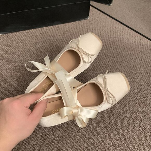 Women Beige Canvas Lace Up Ankle Strap Floral Dressy Ballet Flats Shoes - Picture 6 of 6